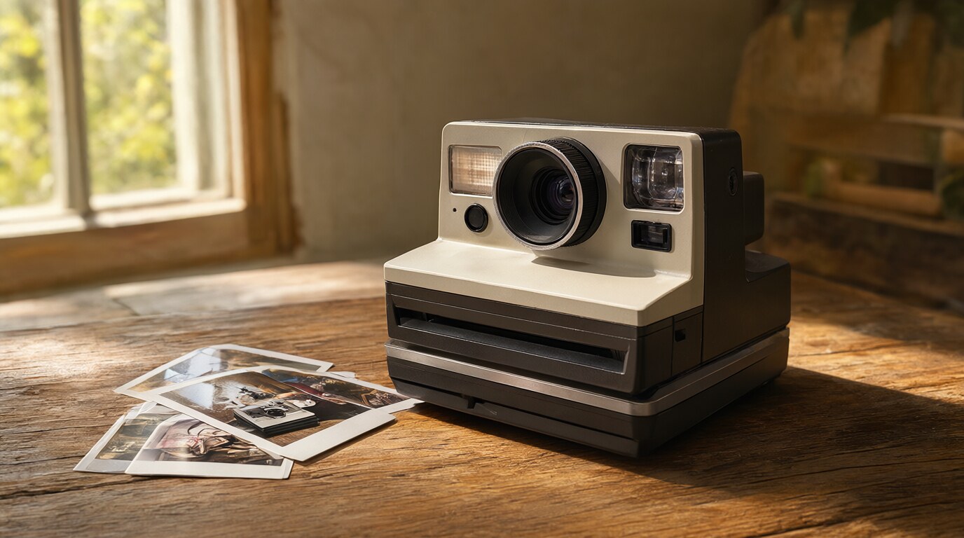 Stylish instant camera with freshly printed photos