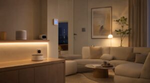 Smart home devices: speaker, camera, thermostat and smart lights