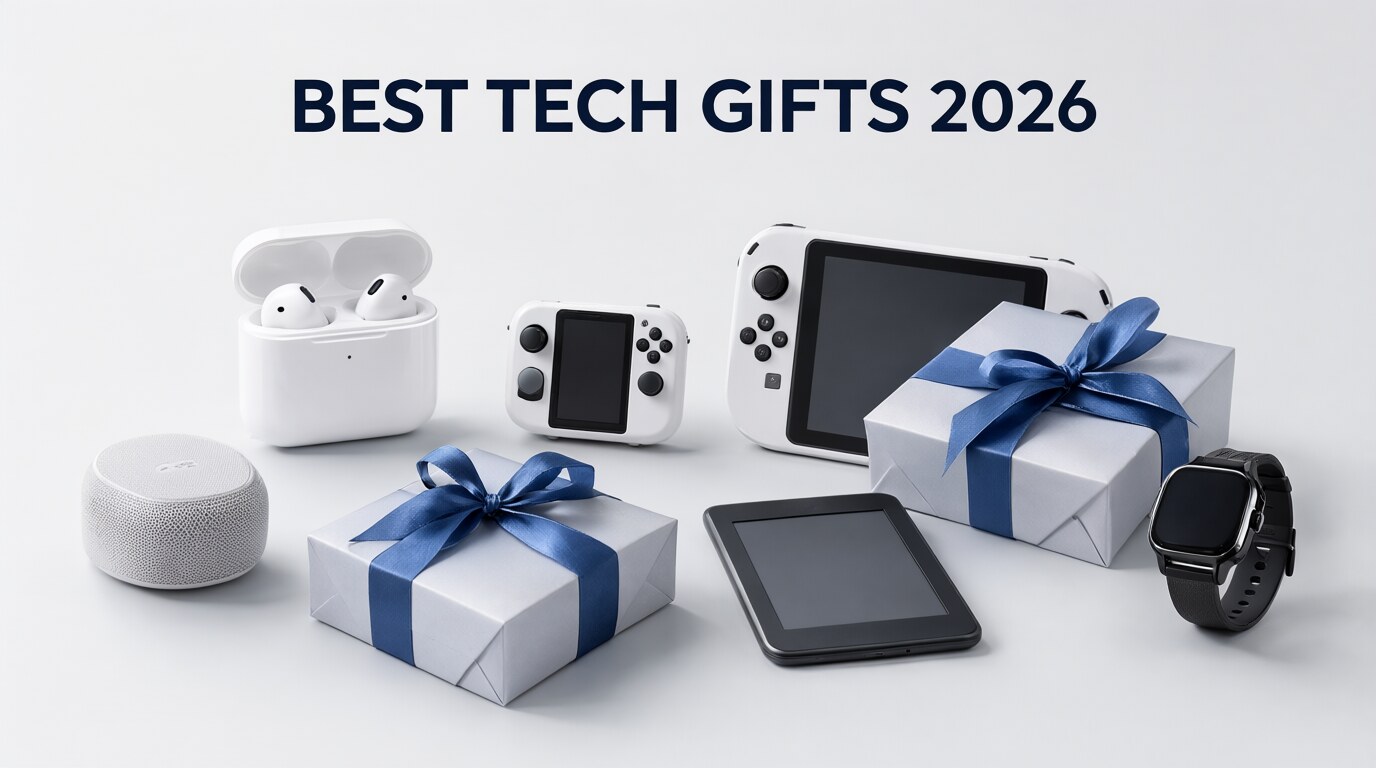 Flat lay of 2026 tech gifts: wireless earbuds, smart speaker, handheld console, e-reader, smartwatch and gift boxes with blue ribbons