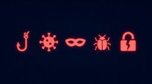 Top cybersecurity threats 2026: phishing, malware and ransomware icons