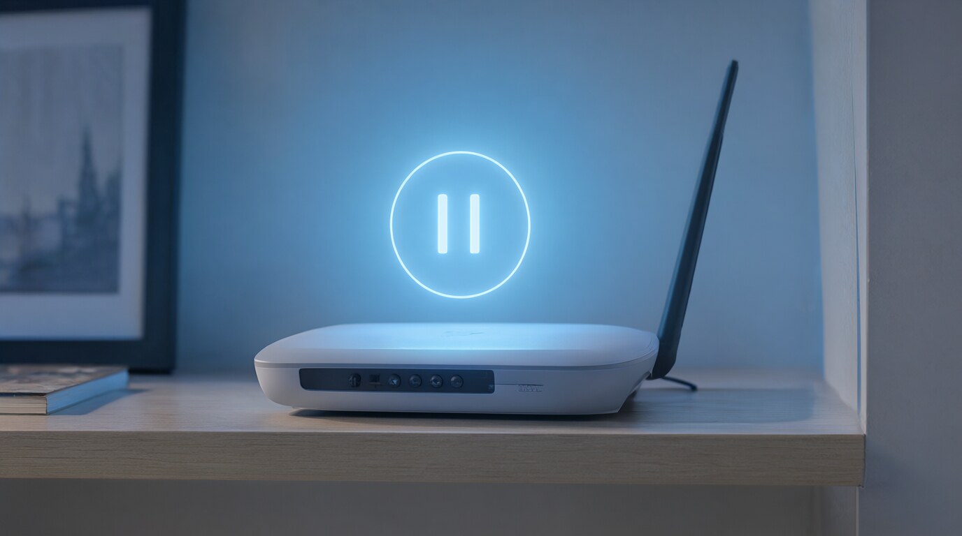 Pausing home Wi-Fi with a pause symbol above a router