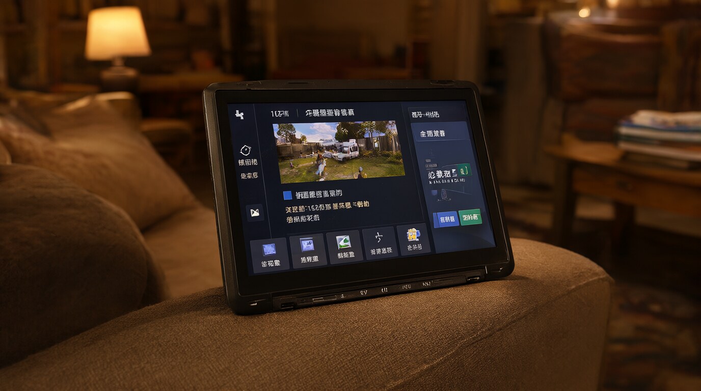 Handheld gaming PC accessing a game store on a couch