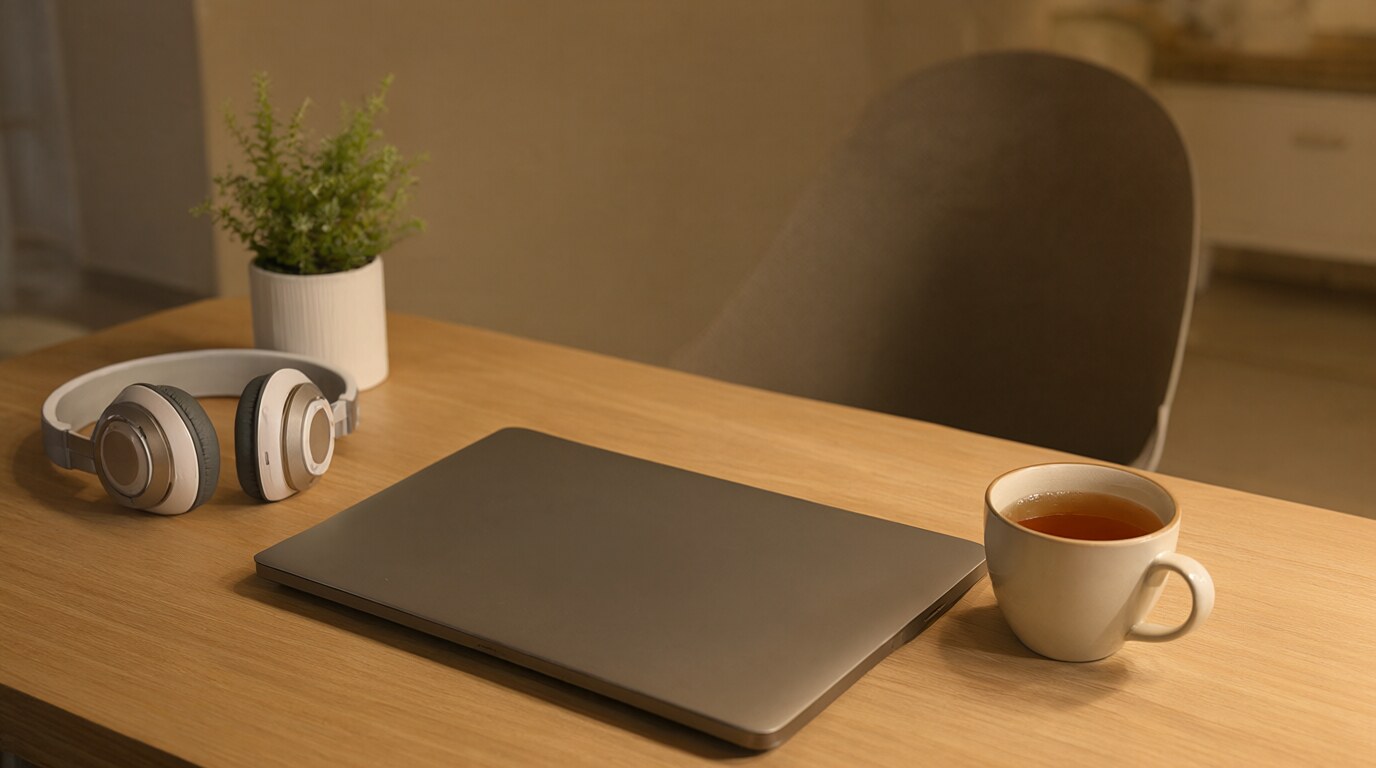 Calm desk setup with plant, headphones and tea for stress relief