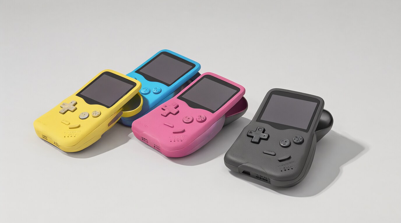 Handheld game consoles with colorful protective cases